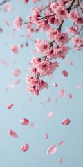 A cascade of pink cherry blossoms and petals falling from a branch against a soft blue sky, symbolizing the arrival of spring