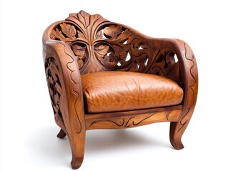 Ornate wooden chair with leather seat isolated on white background