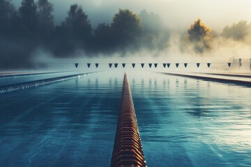 In the early morning mist, an outdoor pool awaits swimmers, featuring clear, empty lanes lined for training. The serene atmosphere provides a perfect backdrop for focused practice