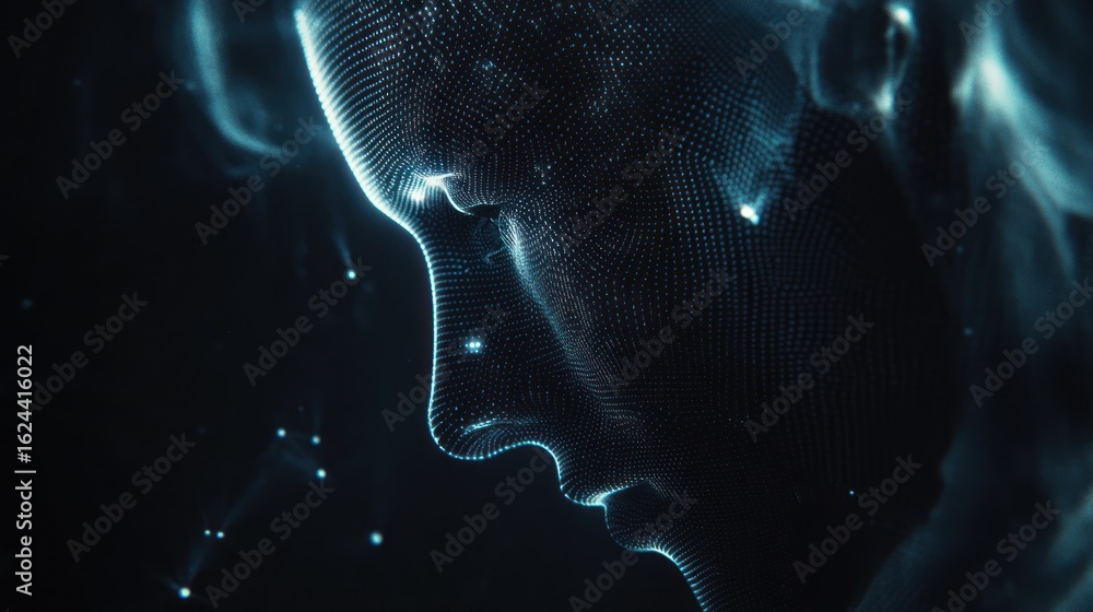 Poster digital human face profile with glowing data points in futuristic style