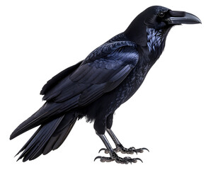Fototapeta premium Black feathered raven perched isolated on transparent background