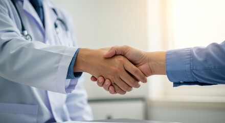 Doctor and patient shaking hands in a medical office symbolizing trust and a successful consultation or treatment plan