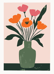 Vintage flowers painting, pretty floral design, soft colors, delicate feminine, orange and green