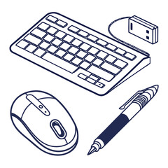 Keyboard, mouse, and pen isolated on white background