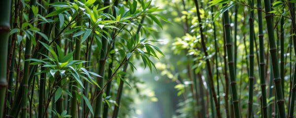 Fototapeta premium thick green bamboo stalks growing in clusters with dense leafy tops in a quiet lush forest with a soft light filtering through the canopy no special symbols or special characters included