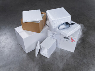 Multiple dry ice containers with prominent vapor clouds and packaging components