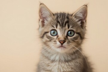 Cute kitten portrait, studio beige background, adoption