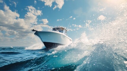 The boat cruising through waves on a sunny ocean day