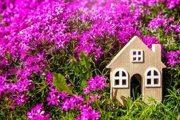 The symbol of the house stands among the purple flower
