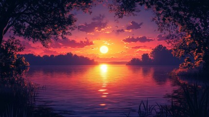 Serene sunset over tranquil lake with vibrant colors (9)