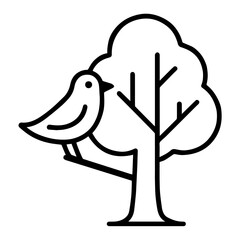 Minimalist Black and White Vector of Bird Sitting on Tree Branch