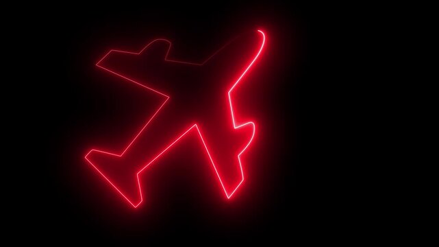 Green and red color glow neon plane icon animation. Neon line zet plane fighter reactive pursuit military. A glowing neon outline of an airplane on black background. 4k video