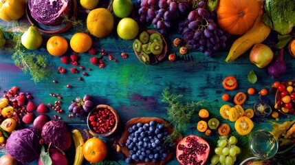 Top-down view of colorful fruits on wood: Natural light setting for healthy lifestyle content and grocery advertising visuals