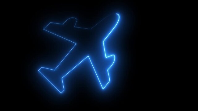 Green and red color glow neon plane icon animation. Neon line zet plane fighter reactive pursuit military. A glowing neon outline of an airplane on black background.
