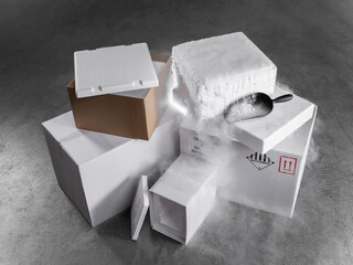 Dry ice containers with heavy sublimation vapor and visible steam effects