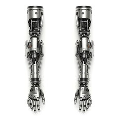 A pair of detailed, metallic robotic arms, meticulously engineered with intricate mechanical components, displayed against a stark white background.