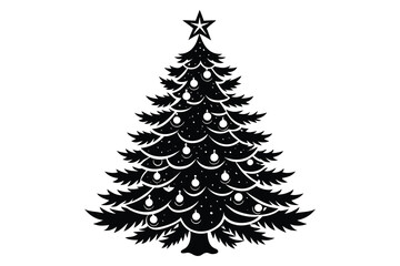 Green evergreen Christmas tree vector with star and snow decorations isolated on a white background for a festive winter holiday celebration