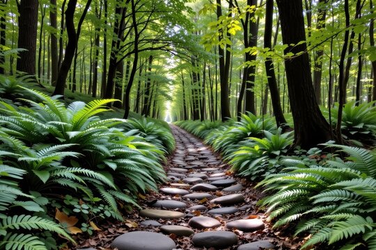 a lush forest path lined with dense ferns and soft mossy stones under a thick green canopy gentle light filtering through no punctuation symbols or odd characters in prompt