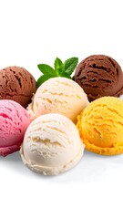 Fototapeta premium Five colorful ice cream scoops, vanilla, chocolate, strawberry, and orange, arranged with mint leaves on a white background