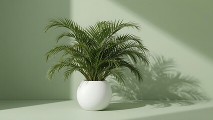 Fototapeta premium Green areca palm plant in a white pot on a green surface with shadow on the wall in a minimal style, perfect for modern home decoration