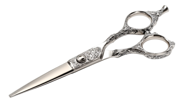 Ornate silver-toned hairdressing shears.  Detailed, decorative handles with intricate carvings.  Sharp, precision-cut blades.  Professional quality