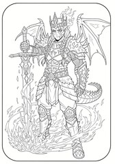 Epic warrior with dragon wings and flaming sword stands ready for fantasy battle, a legendary hero