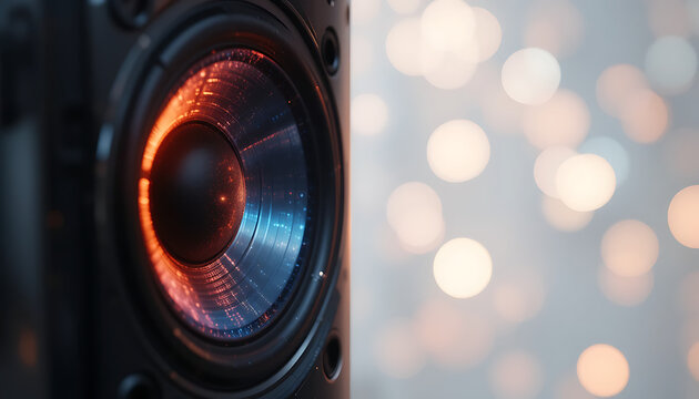 A close-up of a high-quality speaker with visible speaker cone and mesh, with soft ambient lighting and bokeh lights in the background. 4K and HD image.