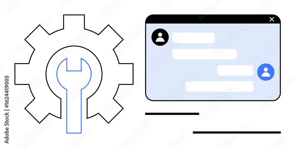Poster gear and wrench symbolize settings or tools. messaging interface shows user chat. ideal for customer