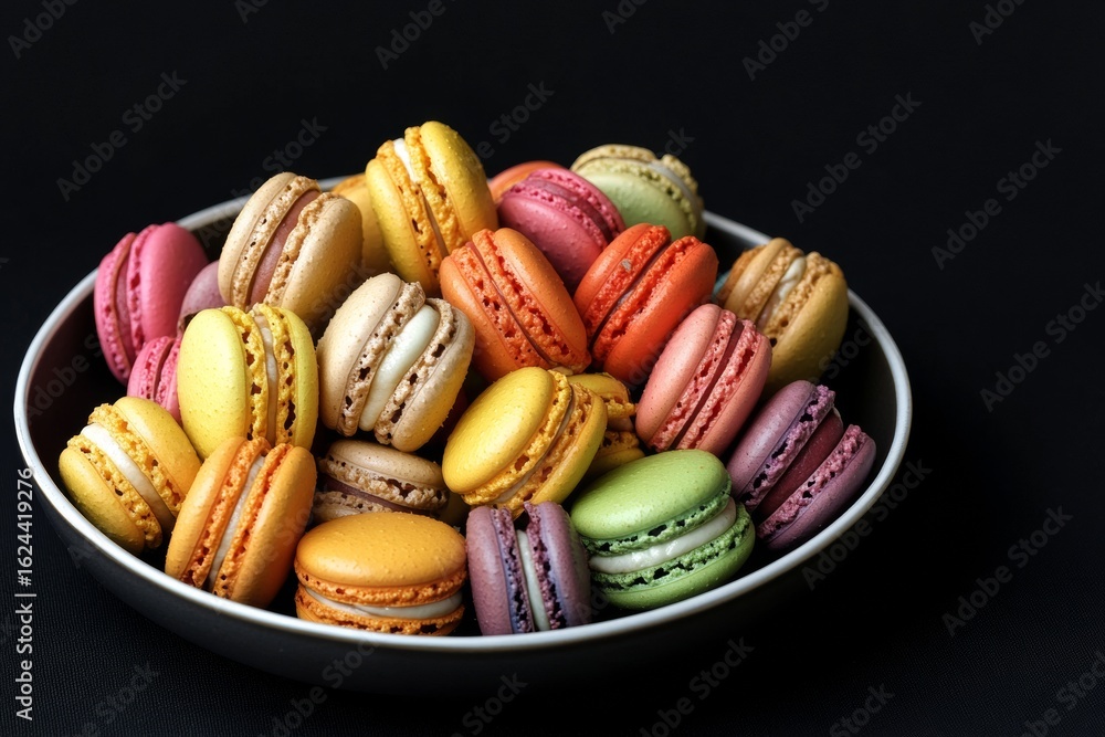 Poster delightful array of macarons in various colors elegantly placed on a black background, highlighting 
