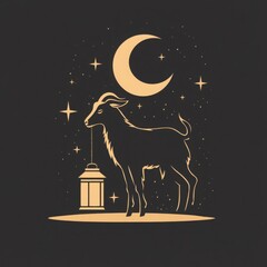 Nocturnal Goat Silhouette Under Crescent Moon and Stars with Lantern