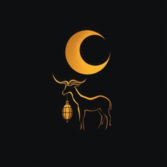 Eid Al Adha Celebration: Golden Goat Silhouette with Crescent Moon and Lantern