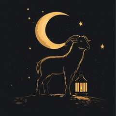 Nocturnal Ram Under Crescent Moon: A Golden Silhouette Against Starry Night