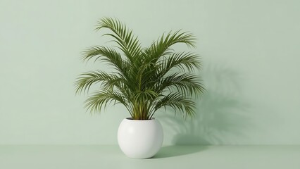 An areca palm in a white pot on a green background casts a shadow, creating a minimalist and decorative indoor scene with a fresh and modern style