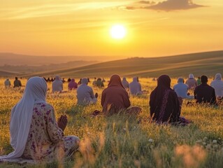 Sunset Prayer: A Serene Gathering at Golden Hour on Rolling Hills