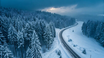 Winter Road through Snowy Forest: A winding road snakes its way through a pristine forest blanketed in fresh, glittering snow, creating a serene winter scene under a soft, overcast sky.