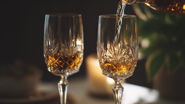 Ambient light capture of wine pouring into crystal, golden liquid elegance for luxury branding, event invitations and culinary photography backgrounds