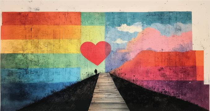 Rainbow retro landscape background love concept risograph printmaking, riso print, paper texture, vintage retro psychedelic backdrop with stars