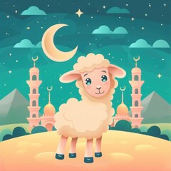 Adorable Lamb at Night: Eid al-Adha Festive Illustration