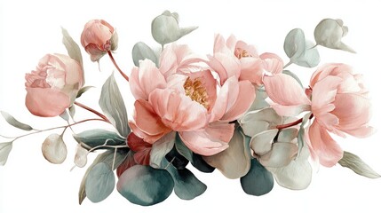 Artistic watercolor bouquet with peonies and foliage, soft botanical style for romantic cards, printable art and educational botany visuals