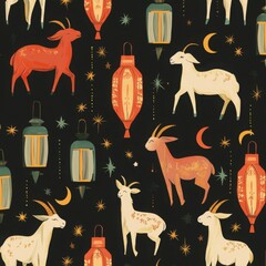 Enchanted Night Sky Goats and Lanterns Festive Pattern Design