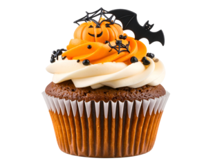Halloween cupcake with spooky decorations isolated on transparent background