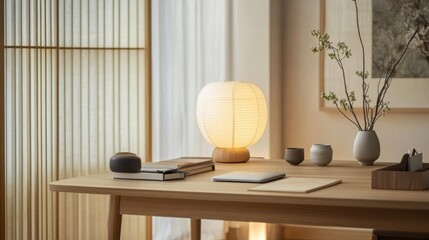 Serene Minimalist Workspace: Japanese Inspired Desk with Paper Lamp, Books, and Natural Decor