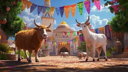 Festive Celebration in a Vibrant Town Square: Two Majestic Oxen Amidst Colorful Decorations and Ancient Architecture