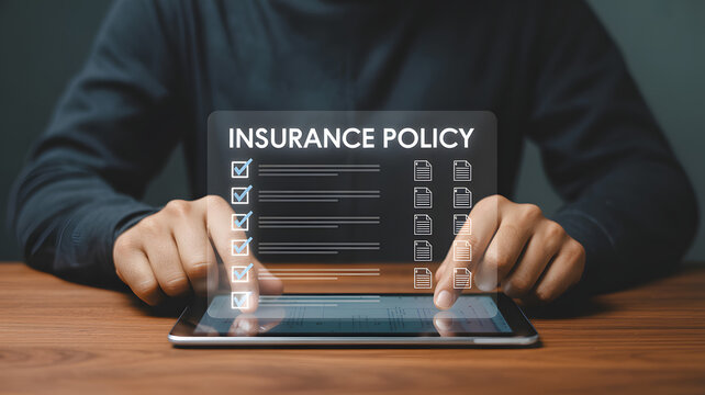 Person reviewing insurance policy details on digital tablet, confirming coverage and benefits with secure digital access