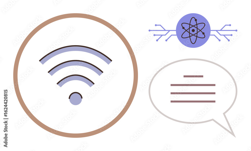 Poster wireless signal icon, atom with circuits symbolizing technology and connectivity, and a speech bubbl