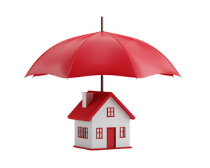 A red umbrella covering an icon of a house isolated on background