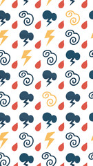 Weather pattern: A repeating weather-themed pattern featuring stylized rain droplets, fluffy clouds, and striking lightning bolts, embodying a harmonious blend of simplicity and natural elements.