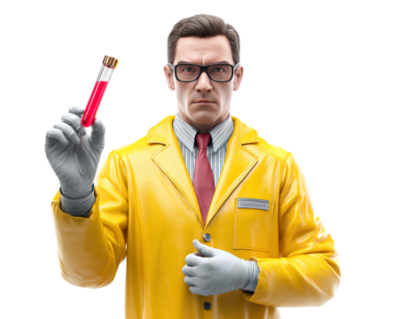 Scientist in yellow coat with red chemical test tube white background