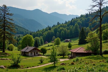 a quiet green village surrounded by reforested hills reducing temperature extremes and absorbing daily carbon emissions no punctuation special marks or strange symbols