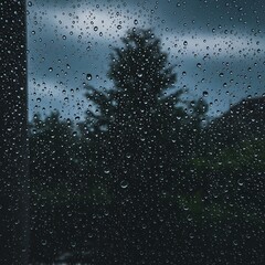 Raindrops cover a window, obscuring a blurred view of trees and a cloudy, dark sky.